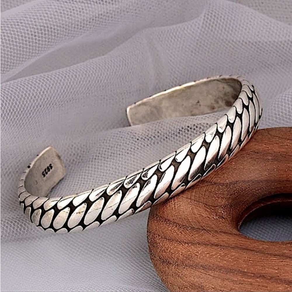 Sterling Silver Chain Design Engraved Cuff Bangle Bracelet - Picture 3 of 9